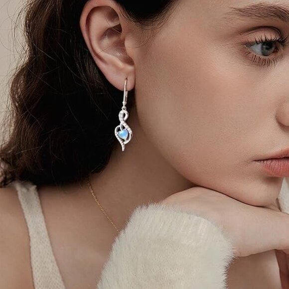 Moonstone Infinity Heart Dangle Drop Leverback Birthstone Earrings